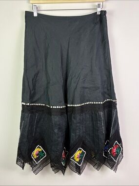 Vintage Anne Carson Black Embroidered Boho Linen Midi Skirt size 10